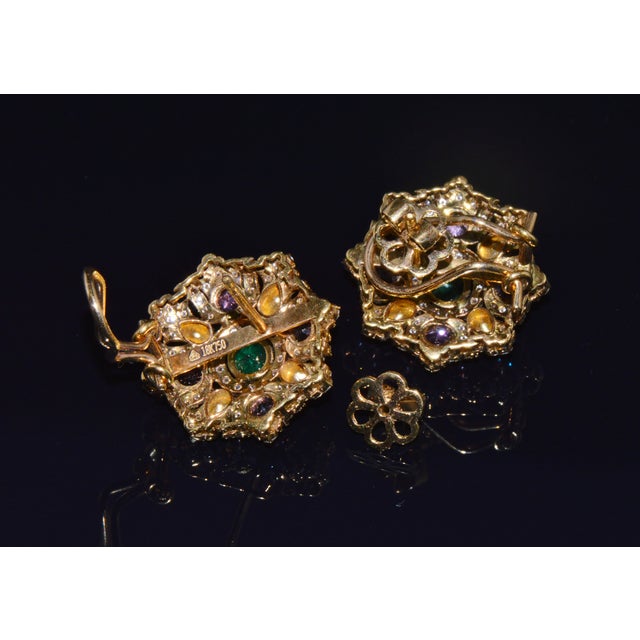 Late 20th Century Late 20th Century Natural 4.89cts Diamond, Emerald & Pink Tourmaline 18k Gold Floral Earrings, Pair For Sale - Image 5 of 12