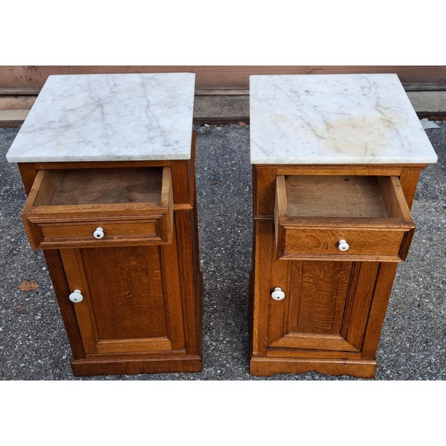 Near Pair of Victorian Oak and Marble Top Side Tables For Sale - Image 11 of 18