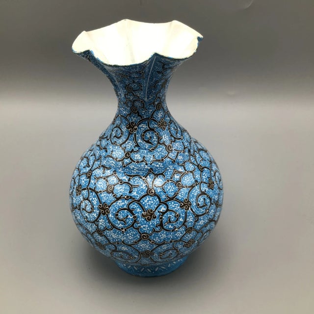 1960s Vintage Ottoman Style Persian Enamel Floral Mouth Vase Blue Gold and White Enamel Over Metal Body With Artist Mark For Sale - Image 5 of 13