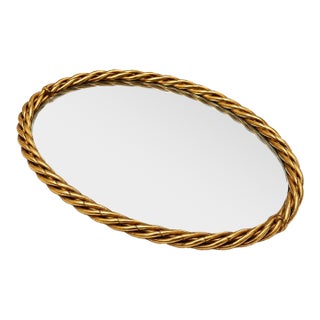 Vintage Hollywood Regency Gold-Tone Braided Rope Mirrored Vanity Tray For Sale