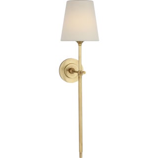 Thomas O'Brien for Visual Comfort Signature Bryant 27" Cordless Tail Sconce in Hand-Rubbed Antique Brass with Linen Shade For Sale