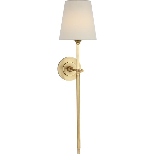 Thomas O'Brien for Visual Comfort Signature Bryant 27" Cordless Tail Sconce in Hand-Rubbed Antique Brass with Linen Shade For Sale