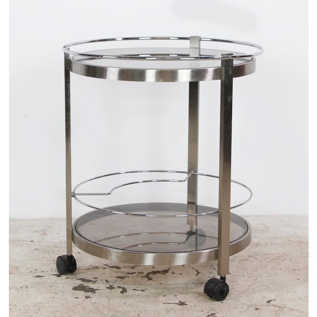 Silver Mid 20th Century European Nickeled Steel Round Tinted Glass Bar Cart For Sale - Image 8 of 9