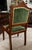 Pair of velvet covered Victorian side chairs. Gold brocade along the edges with brass studs.