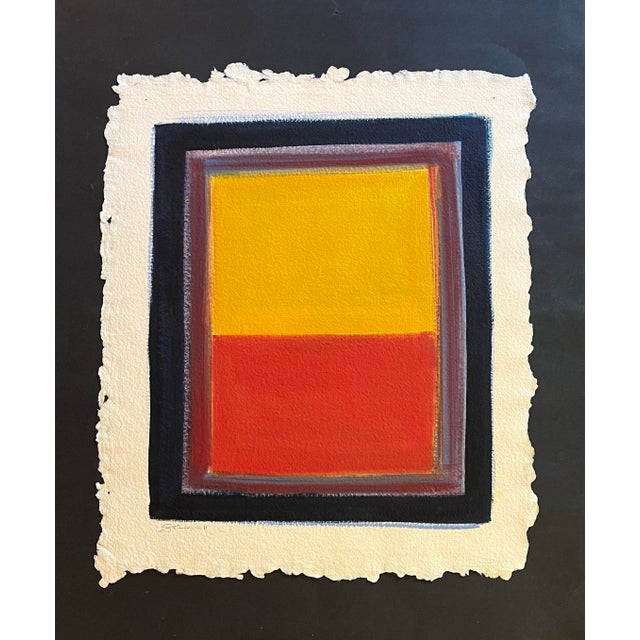 Abstract expressionist minimal color field oil painting on handcrafted paper, consisting of central yellow and red panels,...