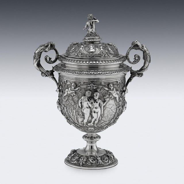 Antique Italian Silver Repoussé & Chased Covered Urn, 1870s For Sale - Image 4 of 18