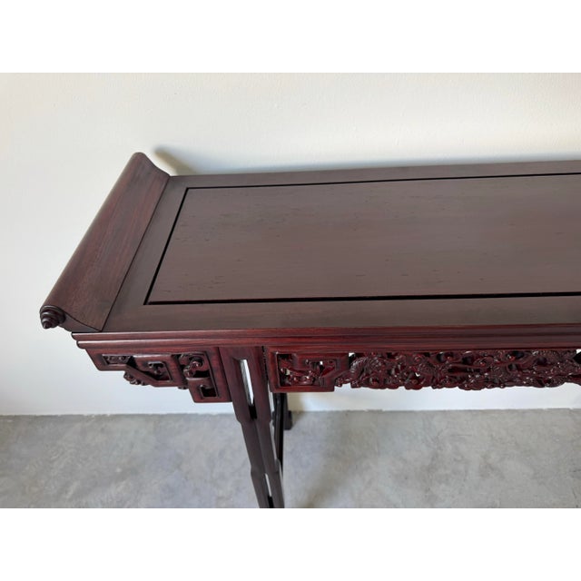 Chinese Vintage Chinese Rosewood Altar Console Table – Scroll Top With Hand-Carved Dragon Apron/Sold For Sale - Image 3 of 12