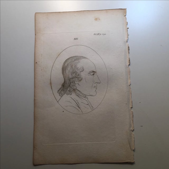 Antique engraving of long-haired man in profile. Plate number XXV, vol. III, p. 251. Toned paper has minor foxing and a...