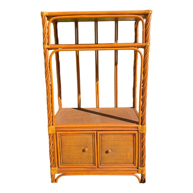 Vintage Boho Chic Brown 3 Tier Rattan Etagere For Sale