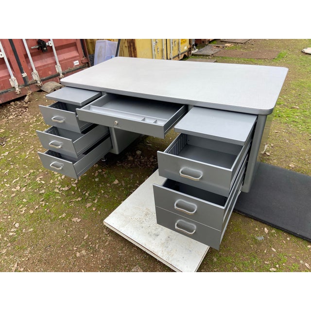 Mid-Century Modern Steelcase Vintage Mid Century Modern Metal Tanker Desk For Sale - Image 3 of 12