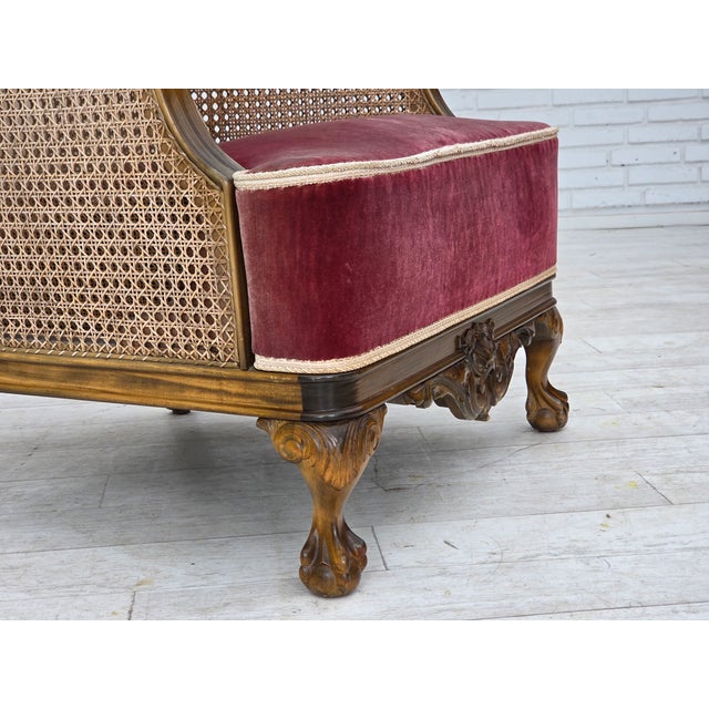 1940s, Danish armchair. Original woven furniture wool, red furniture velour, furniture mesh, carved oak wood, springs in...