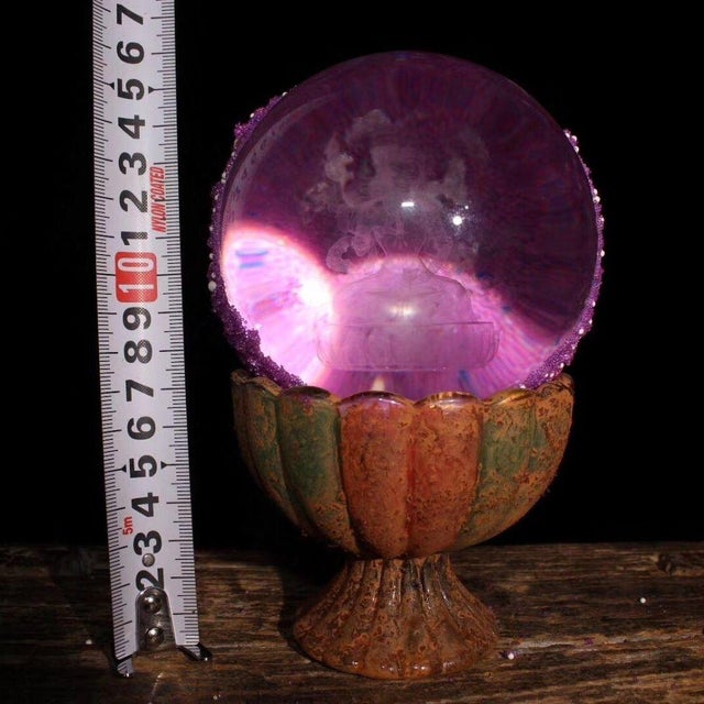 Asian Late 19th Century Buddhist Relic Sphere With Etched Deity, 1516g, Purple Crystal Ball For Sale - Image 3 of 9