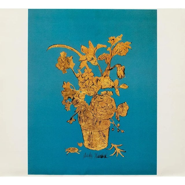 A lovely print in full color by The Andy Warhol Foundation of ink and gold leaf on blue paper "Untitled (Gold Potted...