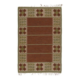 Vintage Swedish Rya Flatweave, Brown With Green Geometric Borders - Rug & Kilim For Sale
