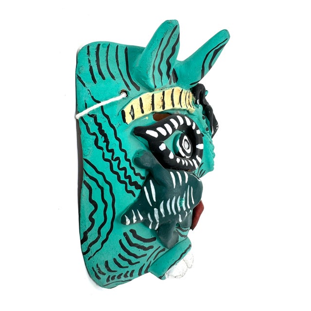 1980s Turquoise-Colored Clay Devil Mask From Ocumicho, Michoacán, Mexico - 8" H X 7" W X 4" D For Sale - Image 5 of 9