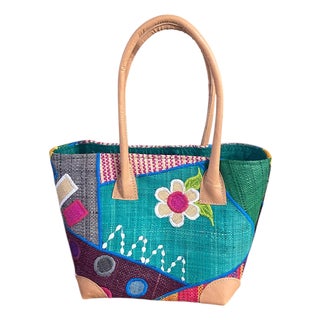 Sewn & Embroidered Raffia /Leather Tote Bag Madagascar For Sale