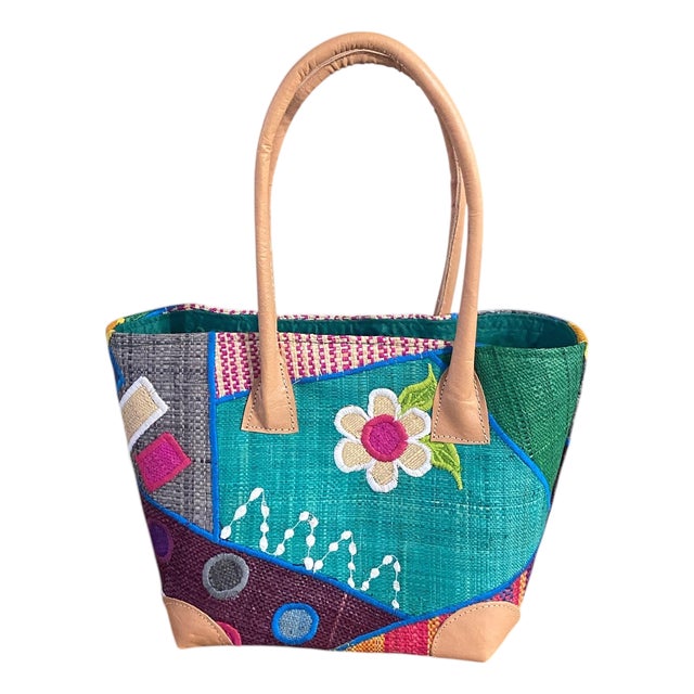 Sewn & Embroidered Raffia /Leather Tote Bag Madagascar For Sale