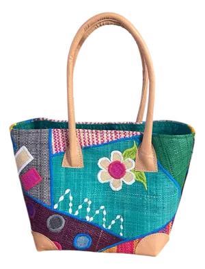 Sewn & Embroidered Raffia /Leather Tote Bag Madagascar