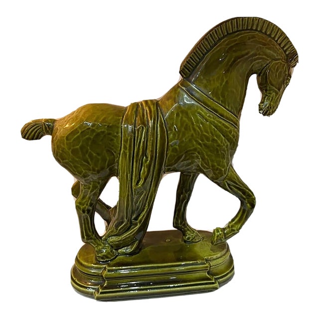 Vintage Lane & Co Mid Century Green Drip Glazed Ceramic Horse Statue Figurine For Sale