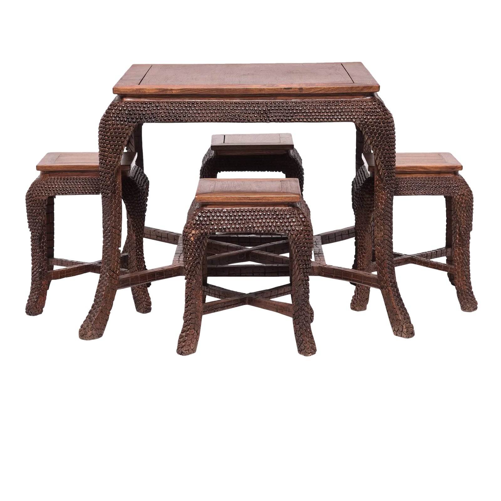 Chinese Dragon Scale Table Set with Square Stools, c. 1900 - 5 Pieces ...