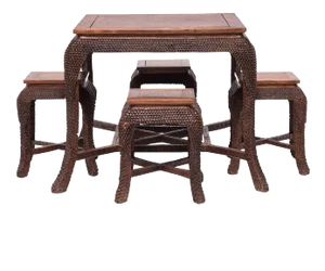 Chinese Dragon Scale Table Set with Square Stools, c. 1900 - 5 Pieces