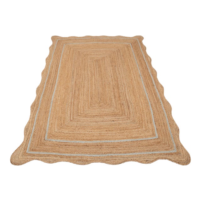 Light Blue Natural Jute Wave Scallop Rug 2.5x6 Ft. For Sale