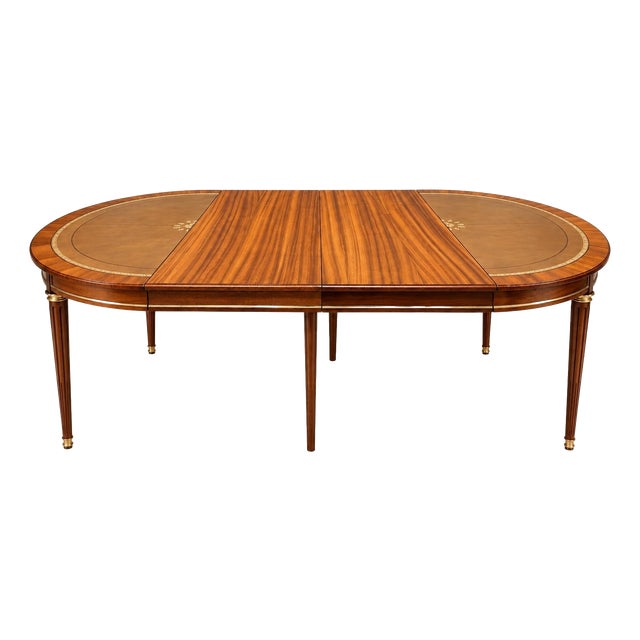 Louis XVI Style Extendable Dining Table in Mahogany, Leather and Brass, 1970s For Sale
