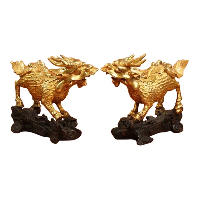Late 19th Century Pair of Gilt Bronze Winged Qilin Statues, Mythical Beast Figures, 3.75kg For Sale