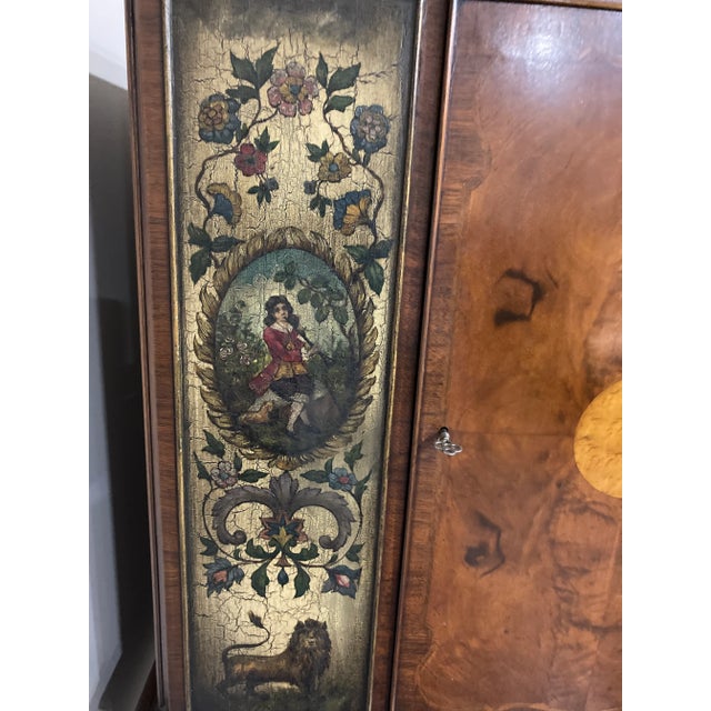 English 19th Century Burl Walnut and Satinwood High Chest With Hand Painted Door Panels For Sale - Image 4 of 9