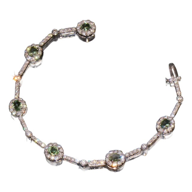 Certified Natural 6.74cts vs F Diamond Green Sapphire 18k Solid Gold Tennis Stacking Bracelet For Sale