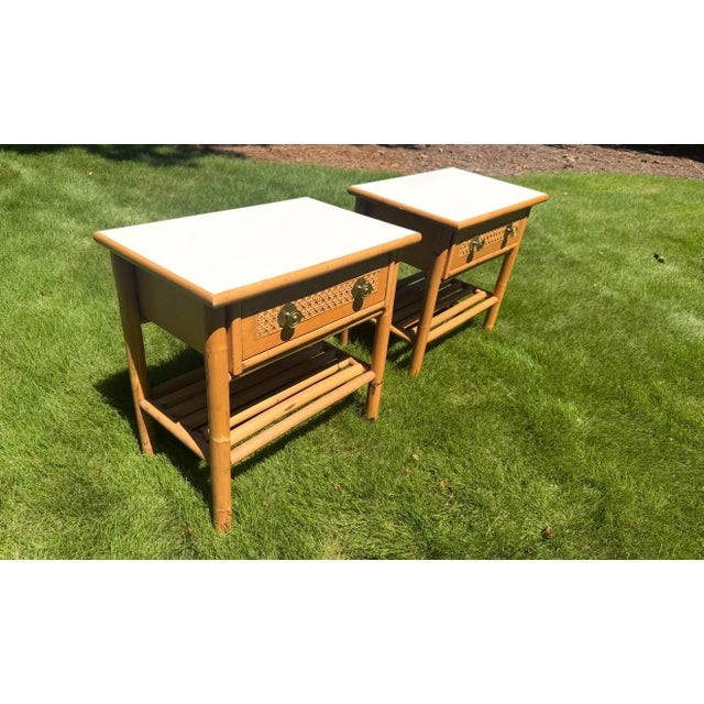 Mid-Century Modern MCM Dux Bamboo & Rattan Nightstands With Laminate Top For Sale - Image 3 of 4