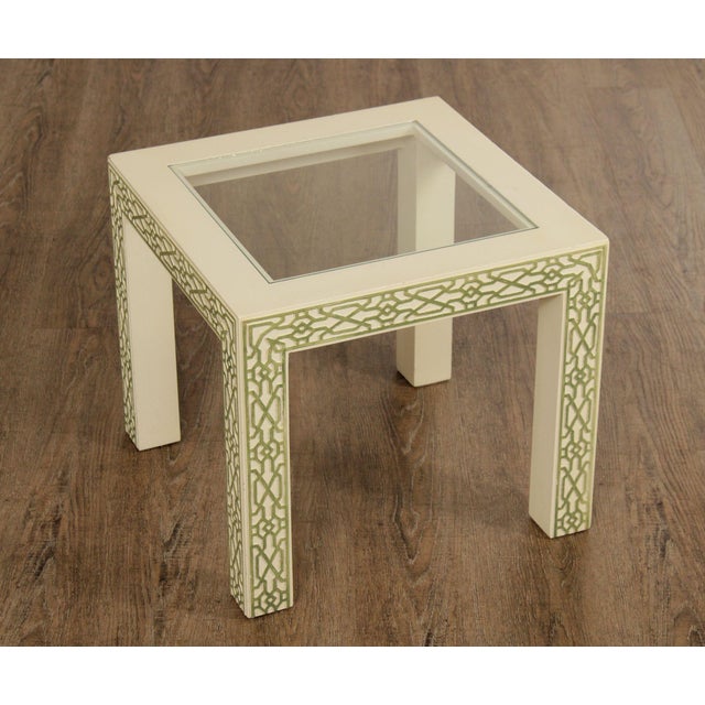 Hollywood Regency Pair Of Lacquered Greek Key Glass Top End Tables For Sale - Image 15 of 18