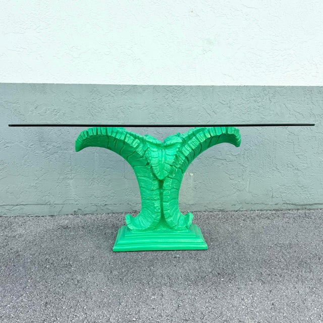 Boho Chic Boho Chic Green Banana Leaf Glass Top Console Table For Sale - Image 3 of 9
