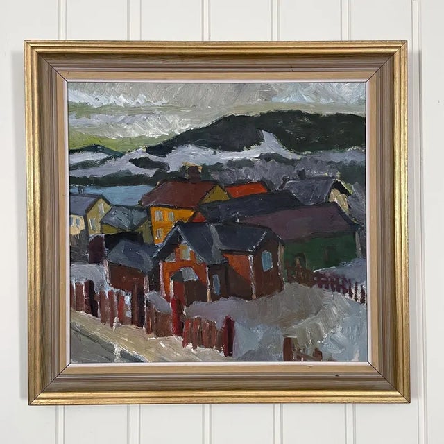 1950s Mid-Century Swedish Modernist Winter Townscape Oil Painting "Odenslund" by Bo Olsson Perman For Sale - Image 14 of 14