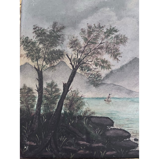 Light Gray Antique American Folk Art Mountain Lake Landscape Oil Painting on Artist’s Board, C. 1900 For Sale - Image 8 of 12
