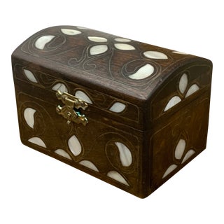 Late 20th Century Vintage Mother-Of-Pearl & Brass Inlaid Walnut Box With Dome Top From Turkey For Sale