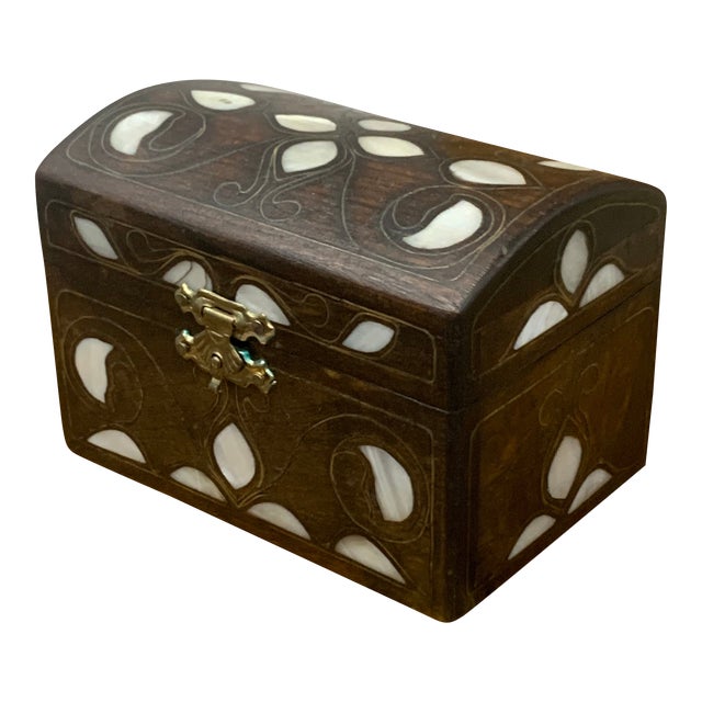 Late 20th Century Vintage Mother-Of-Pearl & Brass Inlaid Walnut Box With Dome Top From Turkey For Sale