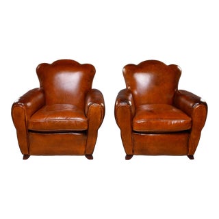 French Art Deco Leather Club Chairs - Pair For Sale