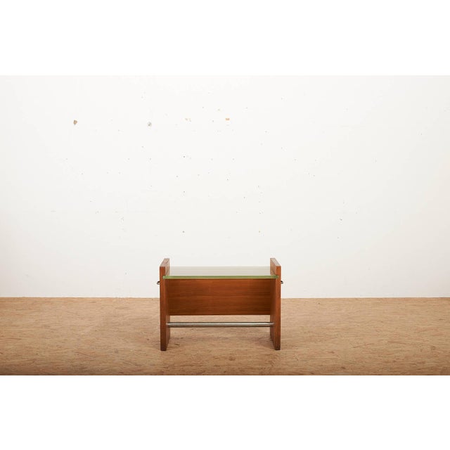 Side Table in Veneered Plywood with Sand-Cast Glass Top, Metal Tube and Handles by Jacques Adnet, 1930s For Sale - Image 3 of 10