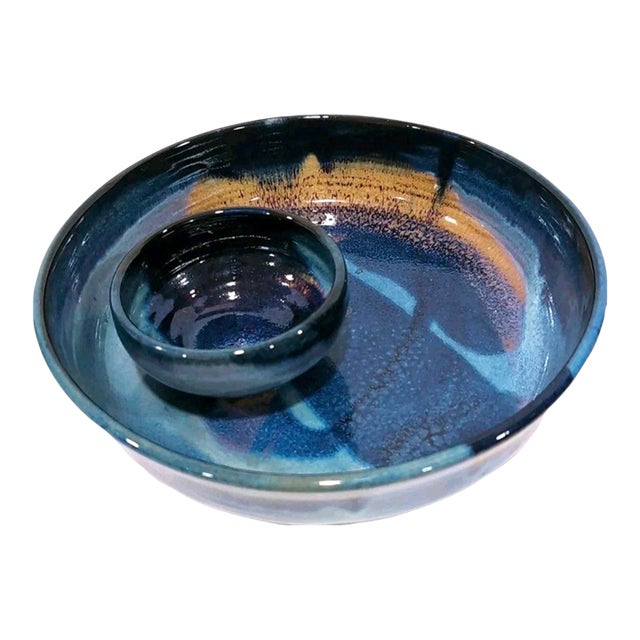 Mid-Century Modern Rick Petteford Studio Pottery Chip & Dip Set - Signed Handmade Stoneware Blue Glaze For Sale