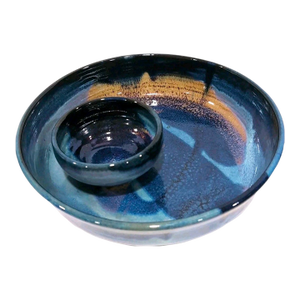 Mid-Century Modern Rick Petteford Studio Pottery Chip & Dip Set - Signed Handmade Stoneware Blue Glaze