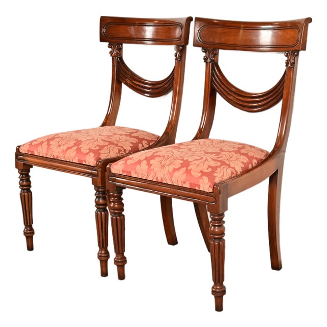 Baker Furniture Style English Regency Carved Mahogany Side Chairs or Dining Chairs, Pair For Sale