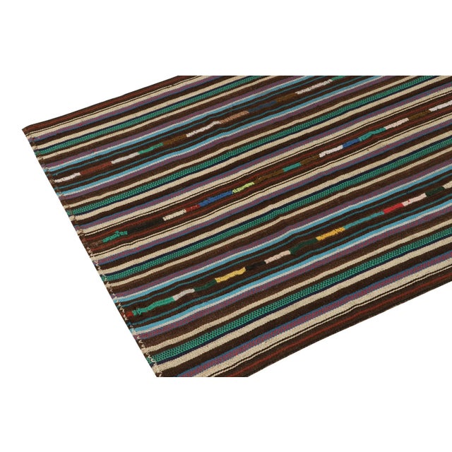 Rug & Kilim 1950s Vintage Chaput Kilim Rug in Beige-Brown, Blue Stripe Gradient Pattern For Sale - Image 4 of 7