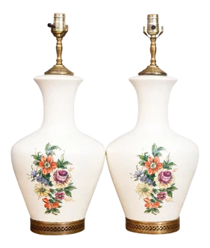 White Floral Ceramic Table Lamps, a Pair
