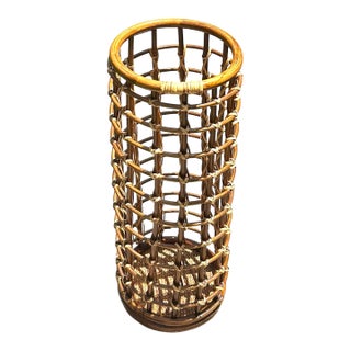 Vintage, Cylindrical, Woven, Bamboo, Rattan and Wicker, Umbrella Stand, in the Style of Audoux and Minet, 1950’s For Sale