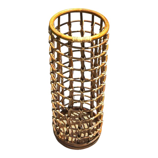 Vintage, Cylindrical, Woven, Bamboo, Rattan and Wicker, Umbrella Stand, in the Style of Audoux and Minet, 1950’s For Sale