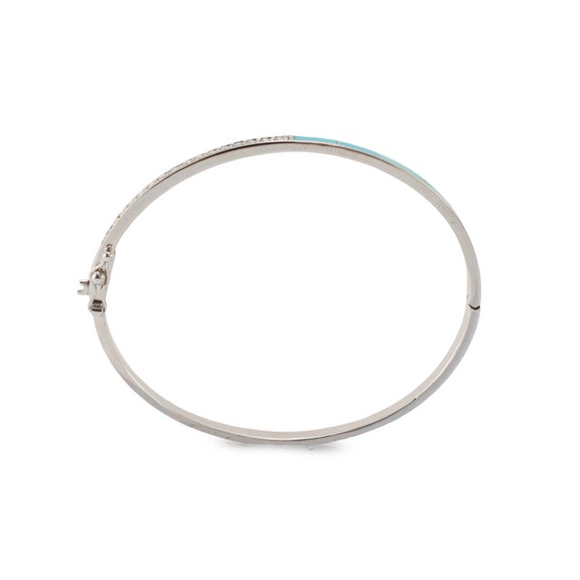 Metal Ladies 14k White Gold 1.82ctw Diamonds & Turquoise Hinged Bangle Bracelet For Sale - Image 7 of 7