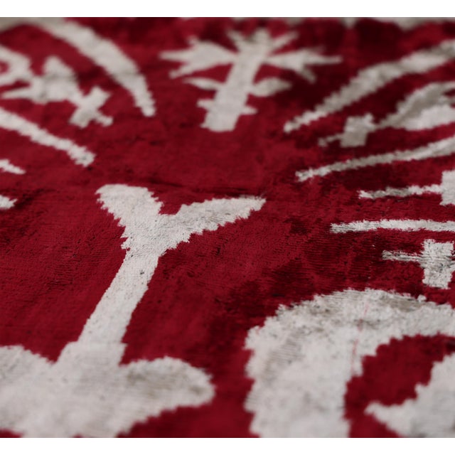 Luxury Handwoven Dark Red Silk Velvet Ikat Pillow 20x20 Inch For Sale - Image 4 of 8