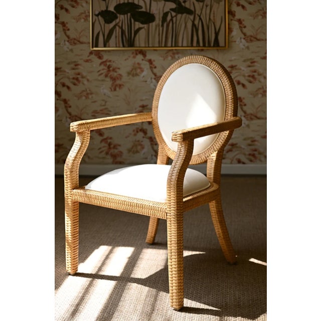 Tan Matthew Izzo Home Blythe Rattan Wrapped Cameo Back Armed Dining Chair For Sale - Image 8 of 10