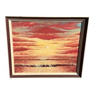 Vintage Seascape Sunset Painting on Canvas, Framed For Sale